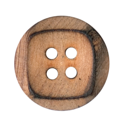 Round wooden four-hole button with a square design