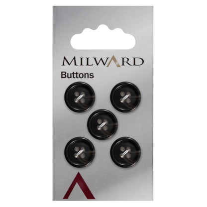 Black four-hole button with a deep raised rim