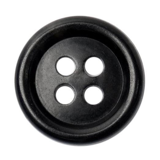 Black four-hole button with a deep raised rim