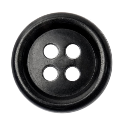 Black four-hole button with a deep raised rim