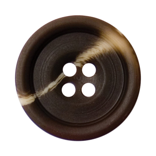 Dark brown horn-effect four-hole button with a raised rim