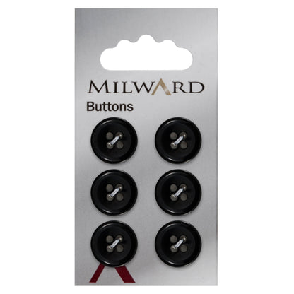 Glossy black four-hole button with raised rim