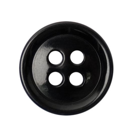 Glossy black four-hole button with raised rim