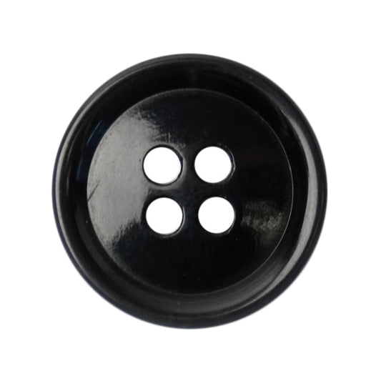 Glossy black four-hole button with raised rim