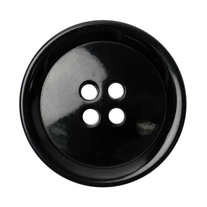 Glossy black four-hole button with raised rim