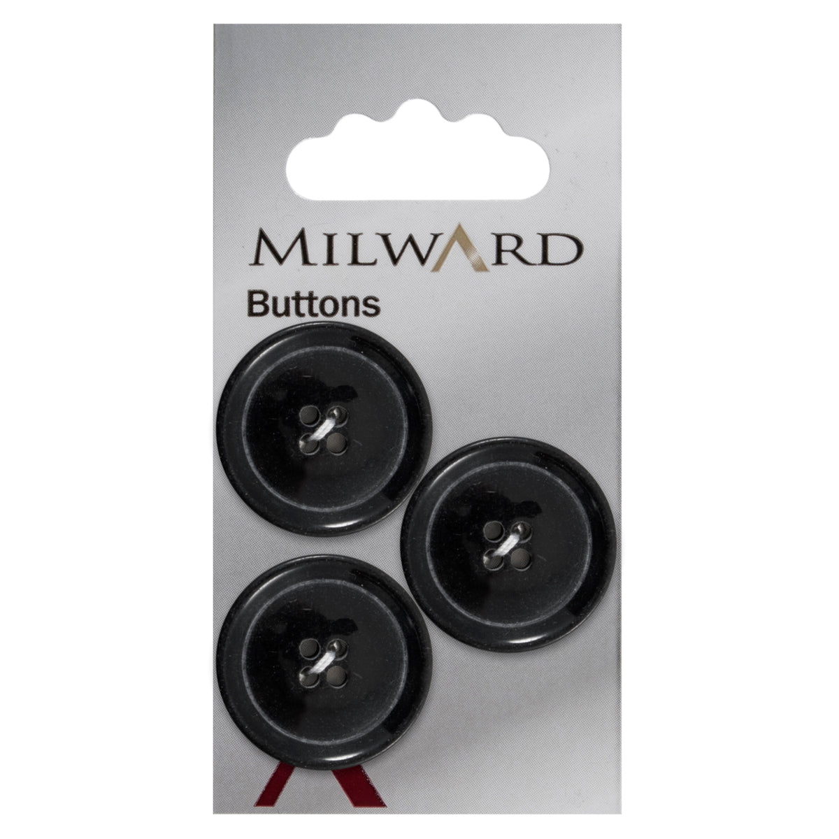 Glossy black four-hole button with raised rim