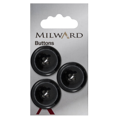 Glossy black four-hole button with raised rim