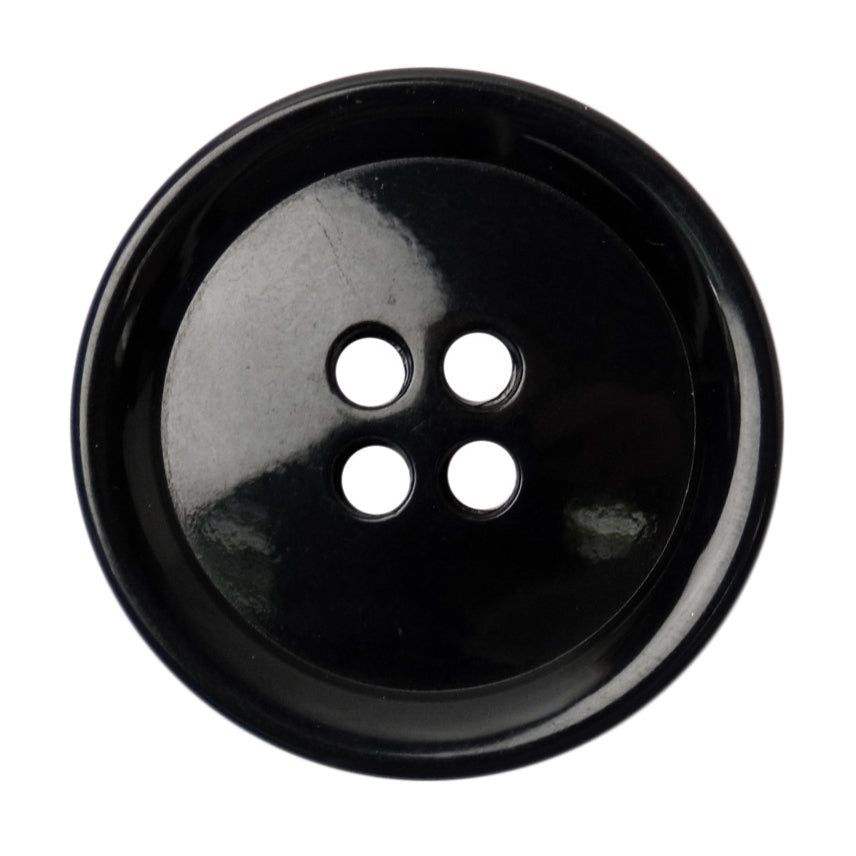 Glossy black four-hole button with raised rim