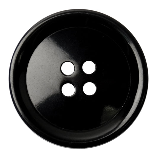 Large glossy black four-hole button with wide rim