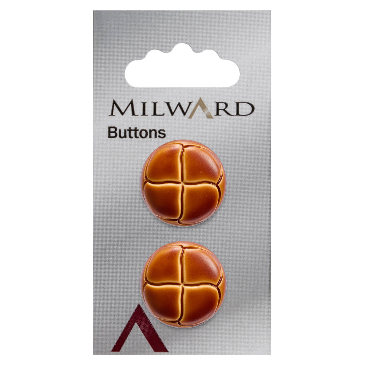 Domed tan leather-look button with woven pattern