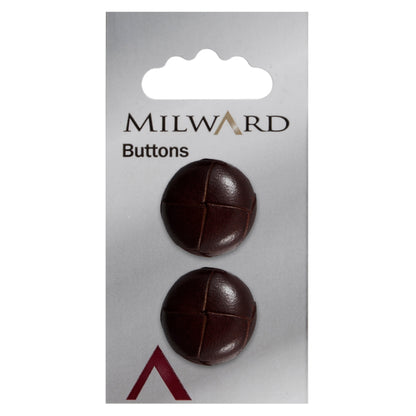 Domed dark brown leather-look button with woven pattern