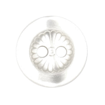 White button with embossed flower centre and two holes