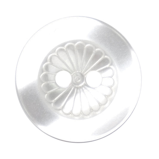 White button with embossed flower centre and two holes