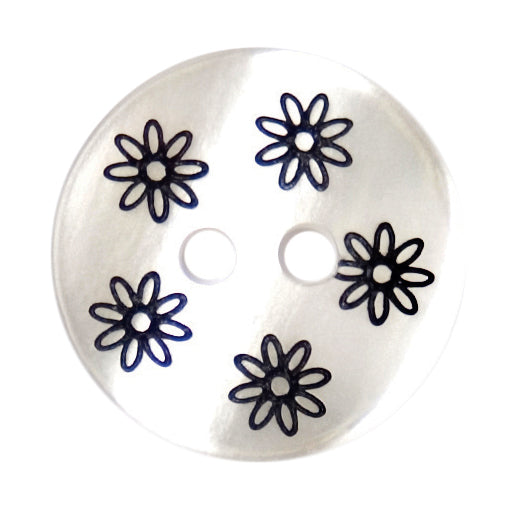 Clear pearly button printed with small navy flowers