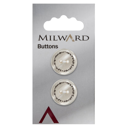 Clear button with black squiggle ring print and two holes