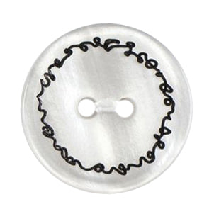 Clear button with black squiggle ring print and two holes