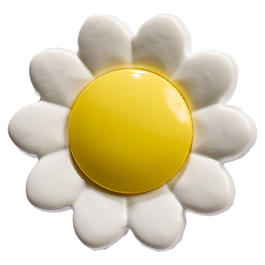 Daisy-shaped button with white petals and a glossy yellow centre