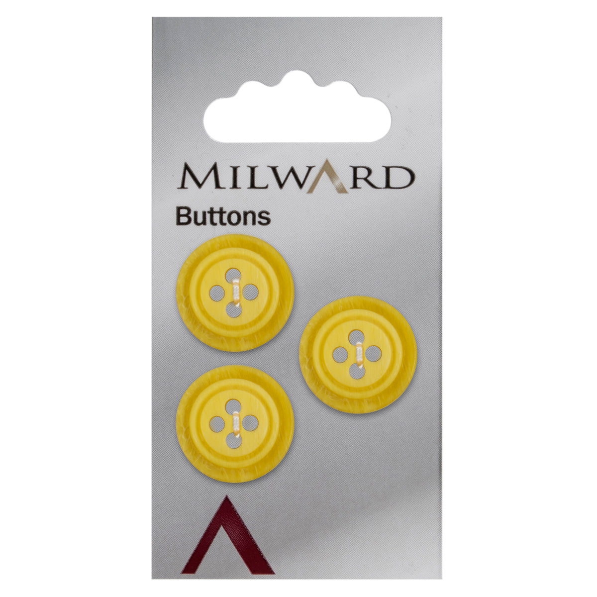 Milward 15mm round yellow button with ridged rings and four holes