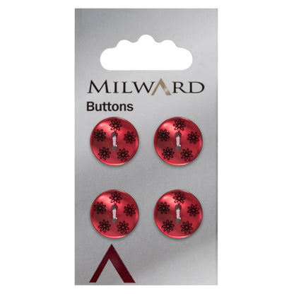 Milward 15mm round burgundy button printed with small black daisies, with two holes