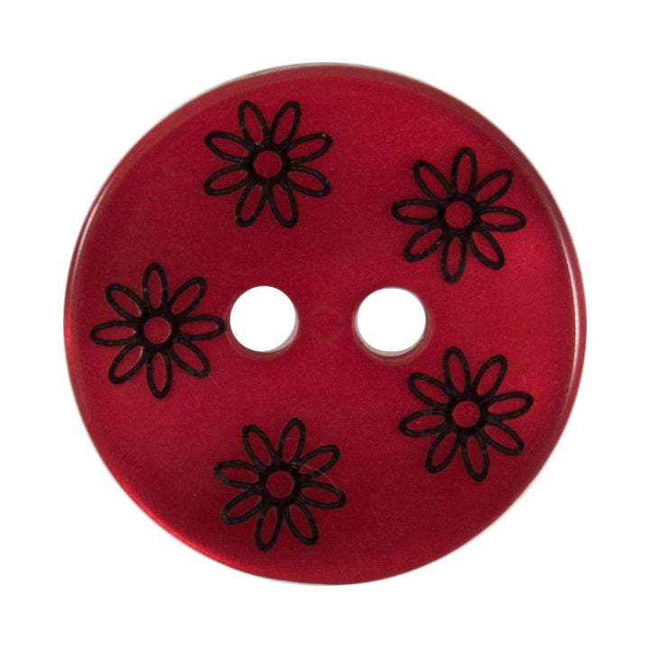 Milward 15mm round burgundy button printed with small black daisies, with two holes