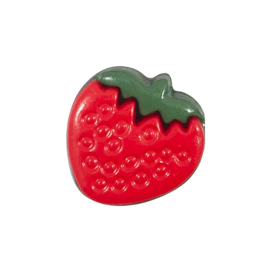 Red strawberry button with a green leafy top