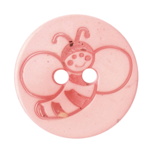 Round pink button with an engraved bee design