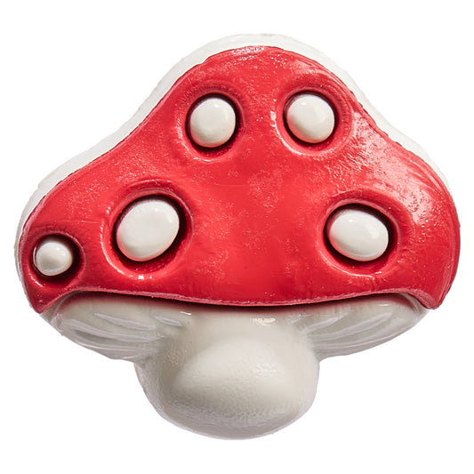 Red toadstool button with white spots and a white stalk