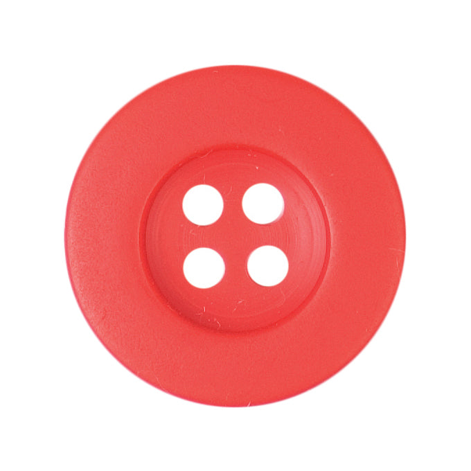 Milward 12mm round bright red button with a wide rim and four holes