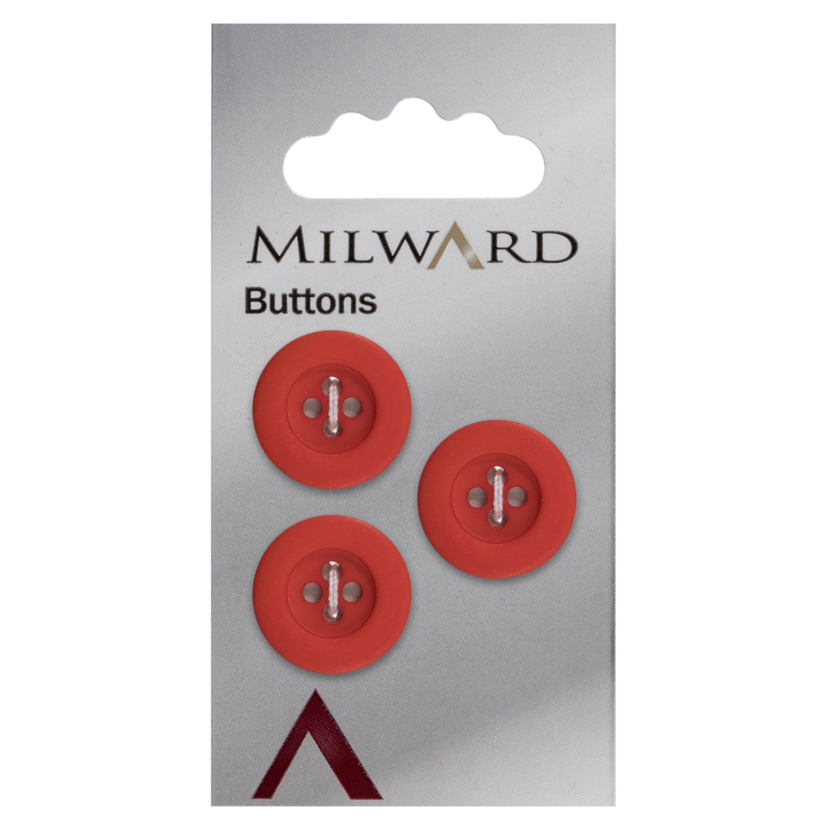 Milward 17mm round bright red button with a wide rim and four holes