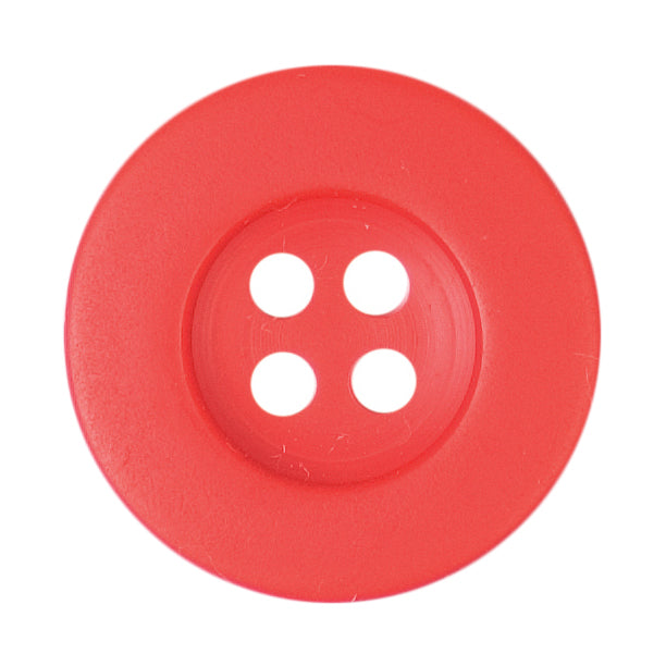 Milward 17mm round bright red button with a wide rim and four holes