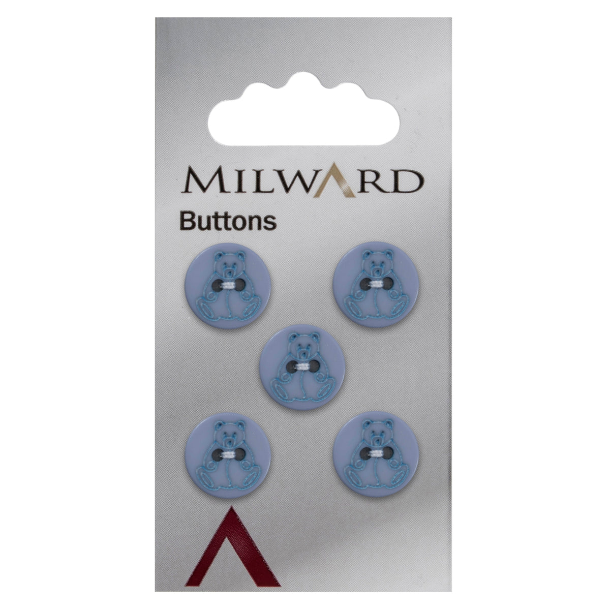 Round grey-blue button with a navy outlined teddy bear