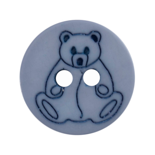 Round grey-blue button with a navy outlined teddy bear