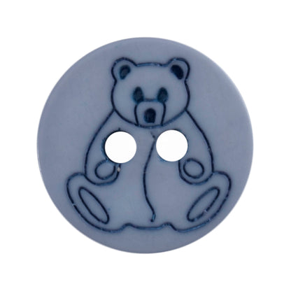 Round grey-blue button with a navy outlined teddy bear