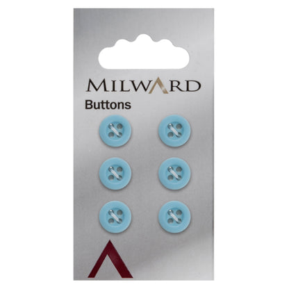 Milward 10mm small round sky blue button with a rim and four holes