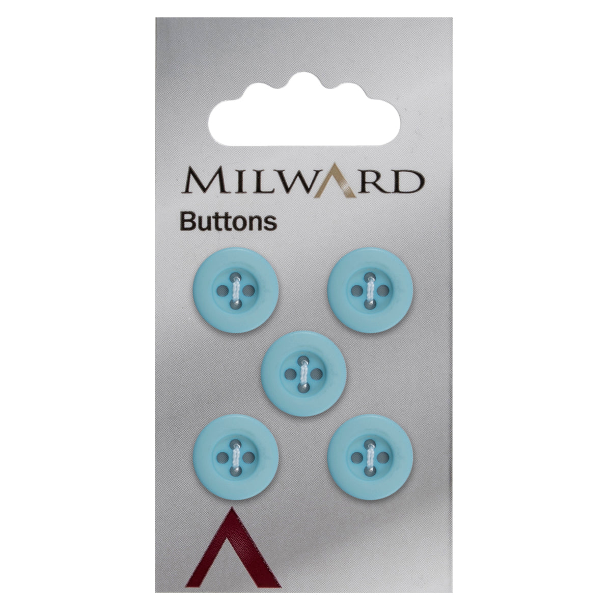 Milward 12mm round sky blue button with a rim and four holes