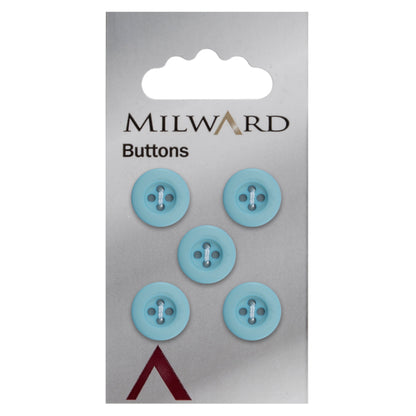 Milward 12mm round sky blue button with a rim and four holes
