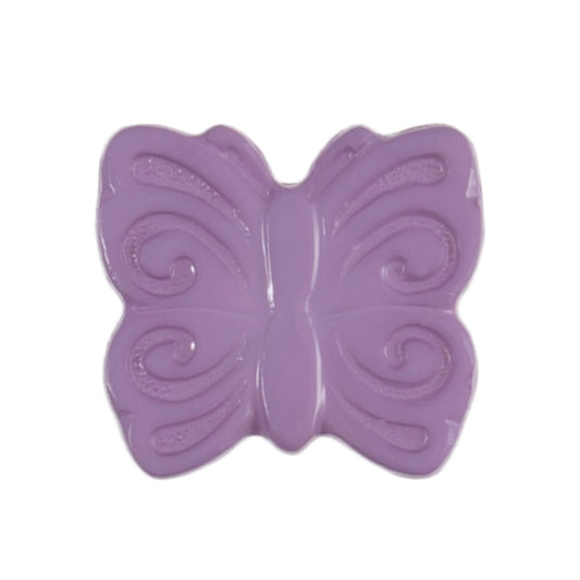Lilac butterfly button with a raised swirl pattern on the wings