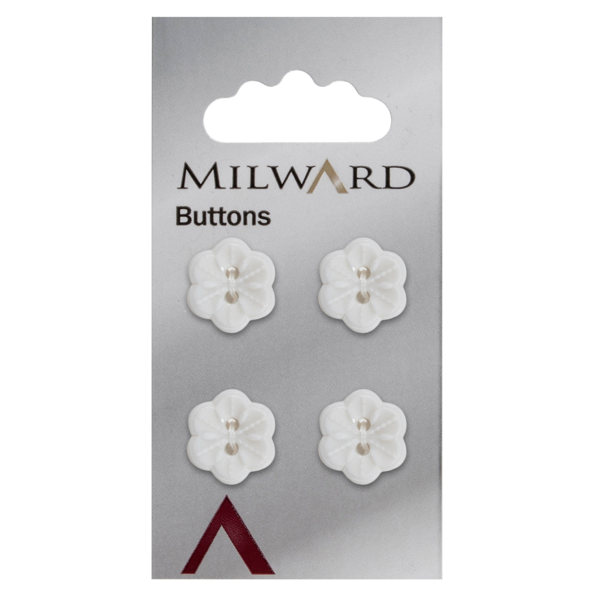 Milward 15mm white flower-shaped button with five petals and two holes