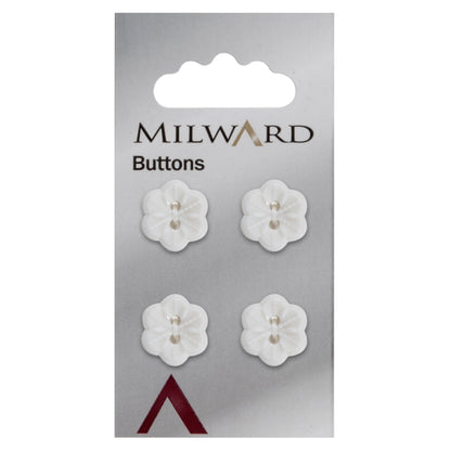 Milward 15mm white flower-shaped button with five petals and two holes