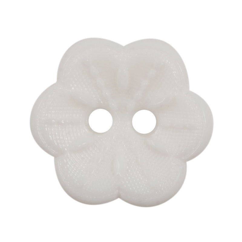 Milward 15mm white flower-shaped button with five petals and two holes
