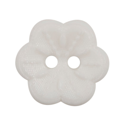 Milward 15mm white flower-shaped button with five petals and two holes
