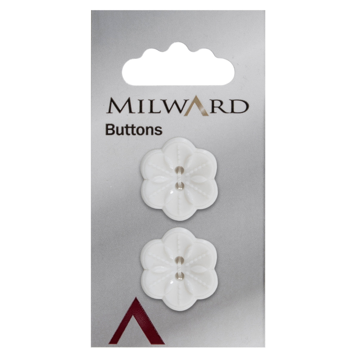 Milward 22mm white flower-shaped button with five petals and two holes