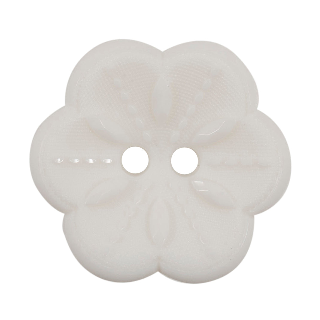 Milward 22mm white flower-shaped button with five petals and two holes