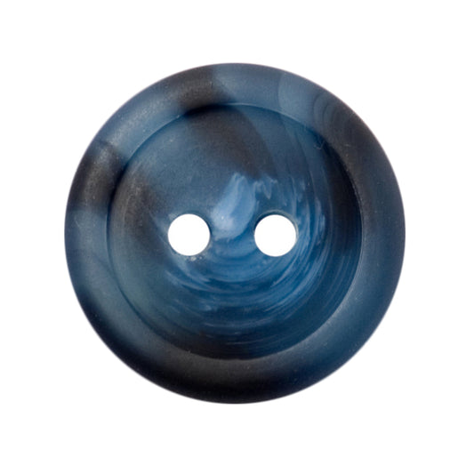 2-hole button in a blue and black imitation horn finish