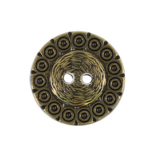 Antique brass-coloured metal 2-hole button with an embossed circle border
