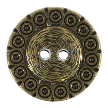 Antique brass-coloured metal 2-hole button with an embossed circle border