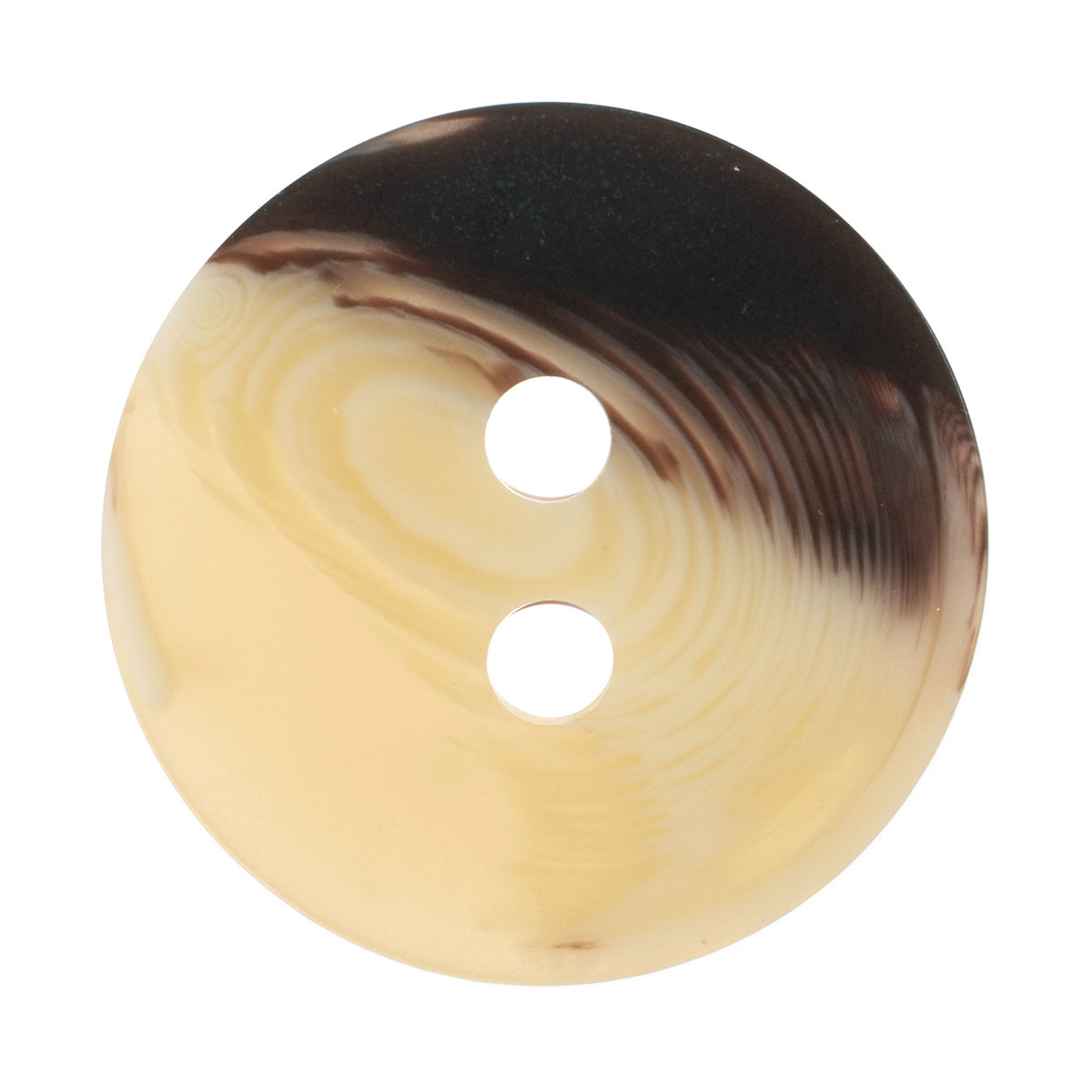 Milward 28mm round cream button with a dark brown horn-effect edge and two holes