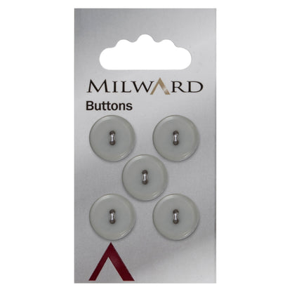 Milward 15mm round glossy grey button with a raised rim and two holes