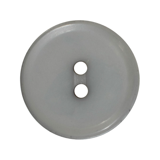 Milward 15mm round glossy grey button with a raised rim and two holes