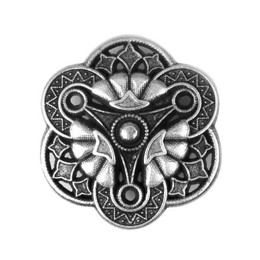 Antique silver ornate metal shank button with a scalloped design